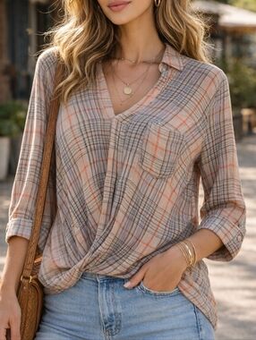 Anthropologie Holding Horses Wildacres Plaid Faux Wrap Blouse Boho Draped Top